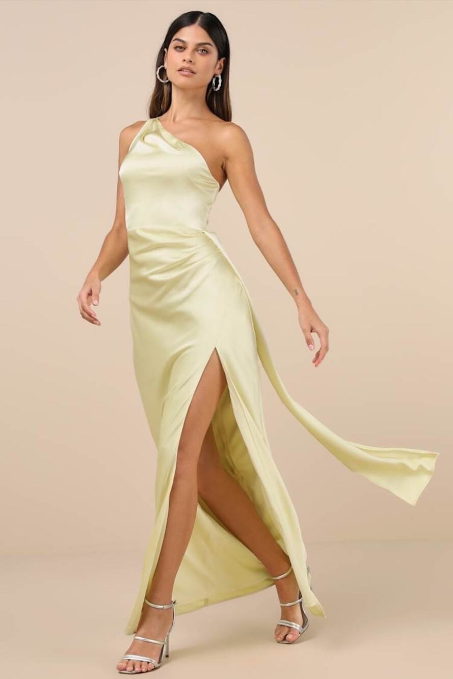 NWT Lulus Signature Elegance Pale Yellow Satin One-Shoulder Maxi Dress Gala Sz S
